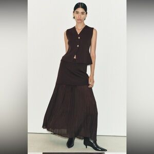 ZARA Designer 2 PC SET Fall Brown Knit Gold Vest Top + Sheer Skirt S Influencer